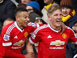 Bastian Schweinsteiger of Manchester United celebrates scoring a goal with Jesse Lingard after making it 1-2 during the Watford and Manchester United Barclays Premier League Match at Vicarage Road Stadium, Watford.