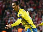 Zlatan Ibrahimovic of Sweden celebrates scoring his goal to make it 0-2 during the UEFA EURO Qualifiers Second playoff round match between Denmark and Sweden played at the Telia Parken Stadium, Copenhagen on November 17th 2015