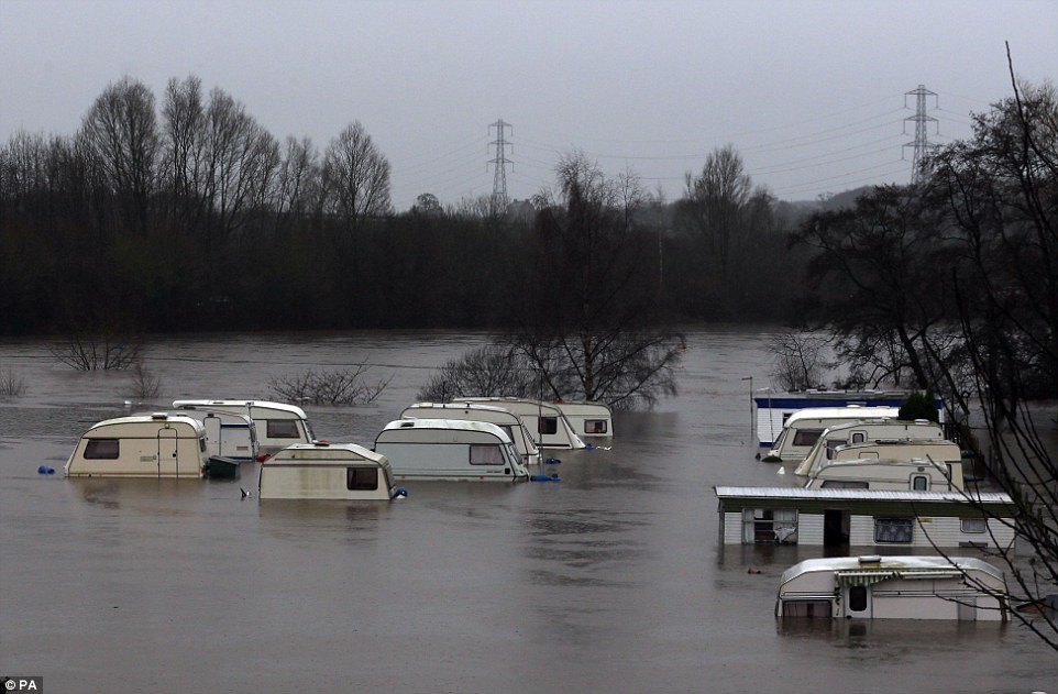 A caravan park inundated by flood water after the River Nidd burst its banks in Knaresborough, North Yorkshire