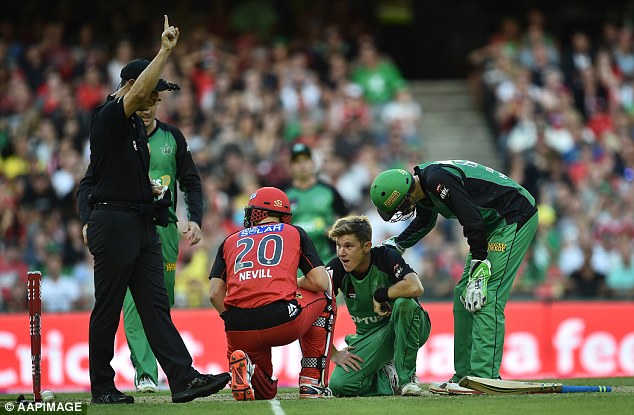 Renegades batsman Nevill (centre) is given out by umpire Geoff Joshua after the bizarre incident 