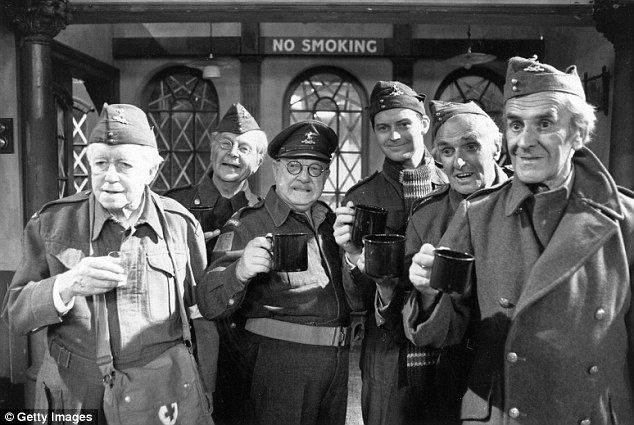 Arnold Ridley, pictured far left, during filming of the hit BBC sitcom Dad's Army in the 1970s 