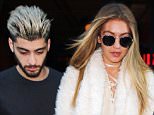 Gigi Hadid and Zayn Malik hold hands when coming out of their hotel in NYC....Pictured: Gigi Hadid, Zayn Malik..Ref: SPL1203658  060116  ..Picture by: XactpiX/Splash News....Splash News and Pictures..Los Angeles: 310-821-2666..New York: 212-619-2666..London: 870-934-2666..photodesk@splashnews.com..