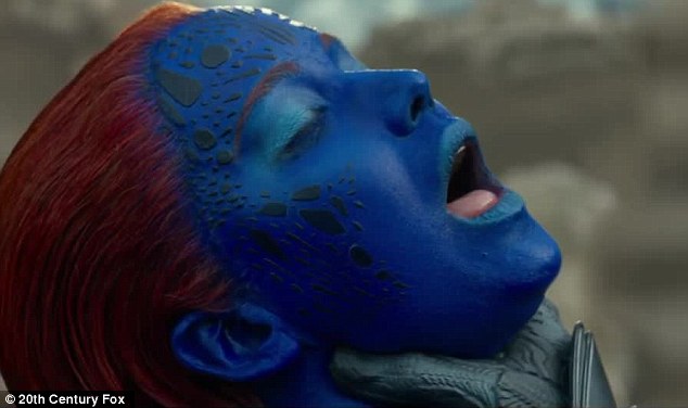 All-powerful: Mystique gasps for air and struggles to breathe as the omnipotent Isaac clenches his huge hands around her neck as he attempts to suffocate the life out of her