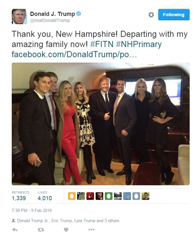 Traveling in style: Trump later tweeted a photo of his entire clan in his private jet. They will then head to South Carolina, where the next Republican primary is scheduled for February 20