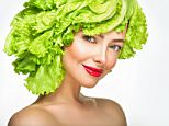 Beautiful model girl with Lettuce hair style.  Healthy food concept, diet, vegetarian food.; Shutterstock ID 266081381