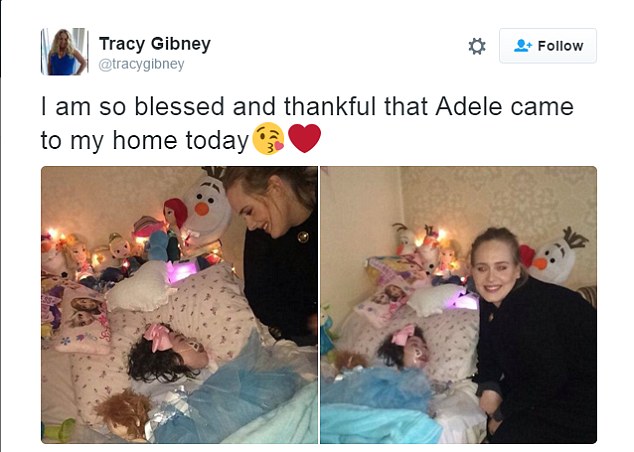 Thank you: Tracy was overwhelmed by the gesture, sharing photos of the visit on her Twitter page and writing: 'I am so blessed and thankful that Adele came to my home today'
