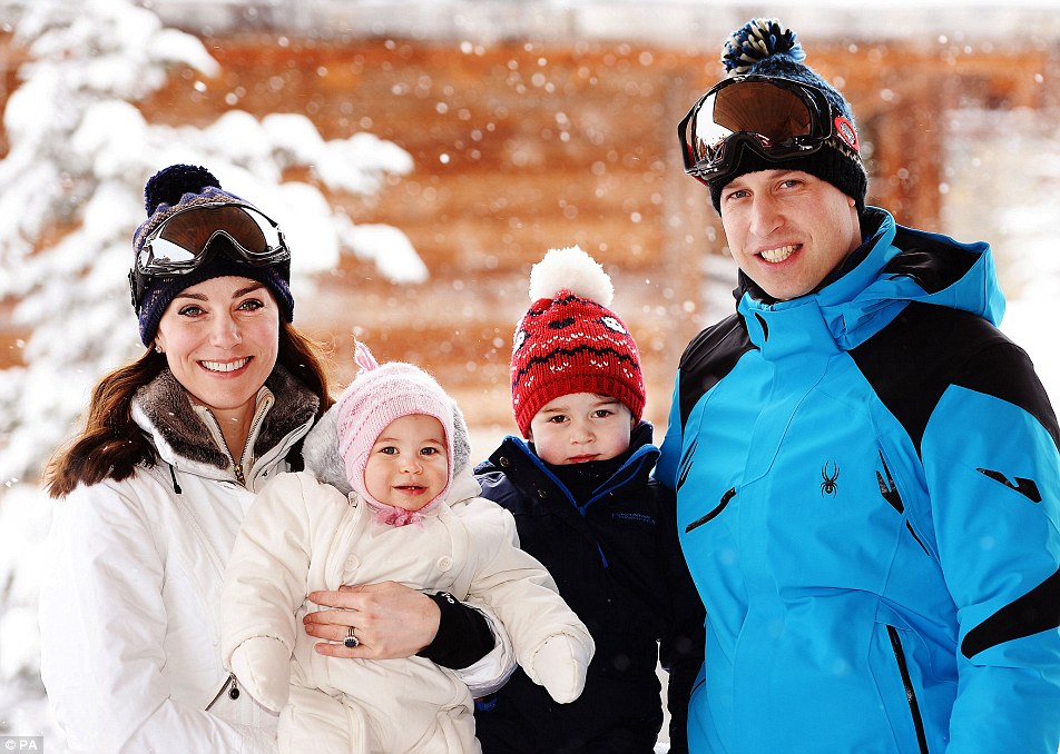 Top of the line: William is seen wearing a £330 jacket from high-end ski wear brand Spyder in the photos. In contrast, Prince George’s snowsuit is from Mountain Warehouse and cost just £24.99, and Princess Charlotte's, from John Lewis' own line, is on sale for just £28