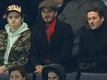 Football Soccer - Chelsea v Paris St Germain - UEFA Champions League Round of 16 Second Leg - Stamford Bridge, London, England - 9/3/16
 David Beckham with his son Brooklyn and Dave Gardner in the stands
 Action Images via Reuters / John Sibley
 Livepic
 EDITORIAL USE ONLY.