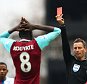 LONDON, ENGLAND - APRIL 02:  Cheikhou Kouyate of West Ham United is shown a red card by referee Mark Clattenburg during the Barclays Premier League match between West Ham United and Crystal Palace at the Boleyn Ground on April 2, 2016 in London, England.  (Photo by Clive Rose/Getty Images) *** BESTPIX ***