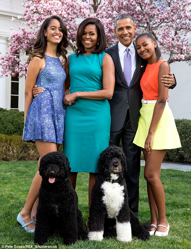 Happy family: The Obamas, pictured with their beloved family dogs Bo and Sunny in their annual Easter portrait, will leave the White House when the President finishes his term at the start of 2017