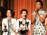 LOS ANGELES, CA - MAY 01:  TV Personalities (L-R) Sheryl Underwood, Sara Gilbert, Sharon Osbourne, Aisha Tyler and Julie Chen accept Emmy the 43rd Annual Daytime Emmy Awards at the Westin Bonaventure Hotel on May 1, 2016 in Los Angeles, California.  (Photo by Earl Gibson III/Getty Images)