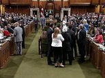 This photo from video provided by the Canadian House of Commons shows Canadian Prime Minister Justin Trudeau,near Opposition whip Gordon Brown in the House of Commons in Ottawa, Ontario on Wednesday May 18, 2016. Footage from the House of Commons television feed shows Trudeau wading into a clutch of lawmakers, mostly opposition members, and pulling a lawmaker through the crowd in order to get the vote started. As Trudeau turns around to pull the lawmaker through, lawmaker Ruth Ellen Brosseau can be seen reacting with discomfort. (House of Commons via The Canadian Press via AP) MANDATORY CREDIT