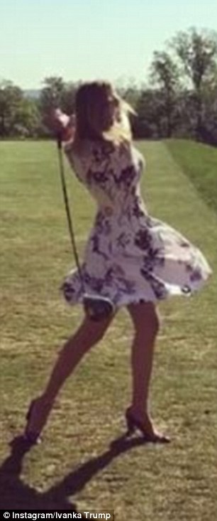 She's a natural! Ivanka, who donned a floral dress for the occastion, practiced her drive in high heels