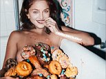 fan art / meme / madonnas head superimposed.
http://www.dailymail.co.uk/tvshowbiz/article-3618832/Not-sweet-innocent-Madonna-poses-topless-covered-pile-donuts-shares-vintage-snap.html

This article shows a picture that is not a throwback picture. It's a digital art piece by @ronaldmcdonkey which was posted on his Instagram on March 22. In subsequent reposts his watermark was removed and this was the image Madonna reposted. She must have found the fan art amusing. It's certainly not a real photo shoot. It's a twist on reality. Please credit the original artist as you have used his image without it. 

https://instagram.com/p/BDRR0T0GWl3/