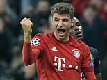 Munich's Thomas Muller jubilates after scoring the 2-0 goal during the UEFA Champions League group F soccer match between Bayern Munich and FC Arsenal (5-1)at Allianz Arena in Munich, Germany, 04 November 2015.  EPA/PETER KNEFFEL
epa05011284