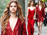 *EXCLUSIVE* New York, NY - Selena Gomez is seen on set in NYC donning two different red dresses for a shoot. The 23-year-old singer shows off her legs in a plunging sequin long sleeve dress. Selena later changes into a long satin slip dress with her brunette locks worn down in waves. \nAKM-GSI       June 3, 2016\nTo License These Photos, Please Contact :\nMaria Buda\n(917) 242-1505\nmbuda@akmgsi.com\nsales@akmgsi.com\nMark Satter\n(317) 691-9592\nmsatter@akmgsi.com\nsales@akmgsi.com