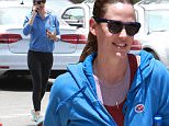 Brentwood, CA - Jennifer Garner heads to her daily workout at a gym in Brentwood after voting for the California Presidential Primary. Jennifer wore a "I Voted" sticker as she took a call on her way to the gym.\n \n AKM-GSI June 7, 2016\nTo License These Photos, Please Contact :\nMaria Buda\n(917) 242-1505\nmbuda@akmgsi.com\nsales@akmgsi.com\nor \nMark Satter\n (317) 691-9592\n msatter@akmgsi.com\n sales@akmgsi.com\n www.akmgsi.com\n
