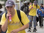 MUST BYLINE: EROTEME.CO.UK\nRocco Ritchie showcases his unique style as he is spotted skateboarding in colourful harem pants while drinking a juice in Primrose Hill.\nEXCLUSIVE  June 9, 2016\nJob: 160608L10  London, England \nEROTEME.CO.UK\n44 207 431 1598\nRef: 341629\n