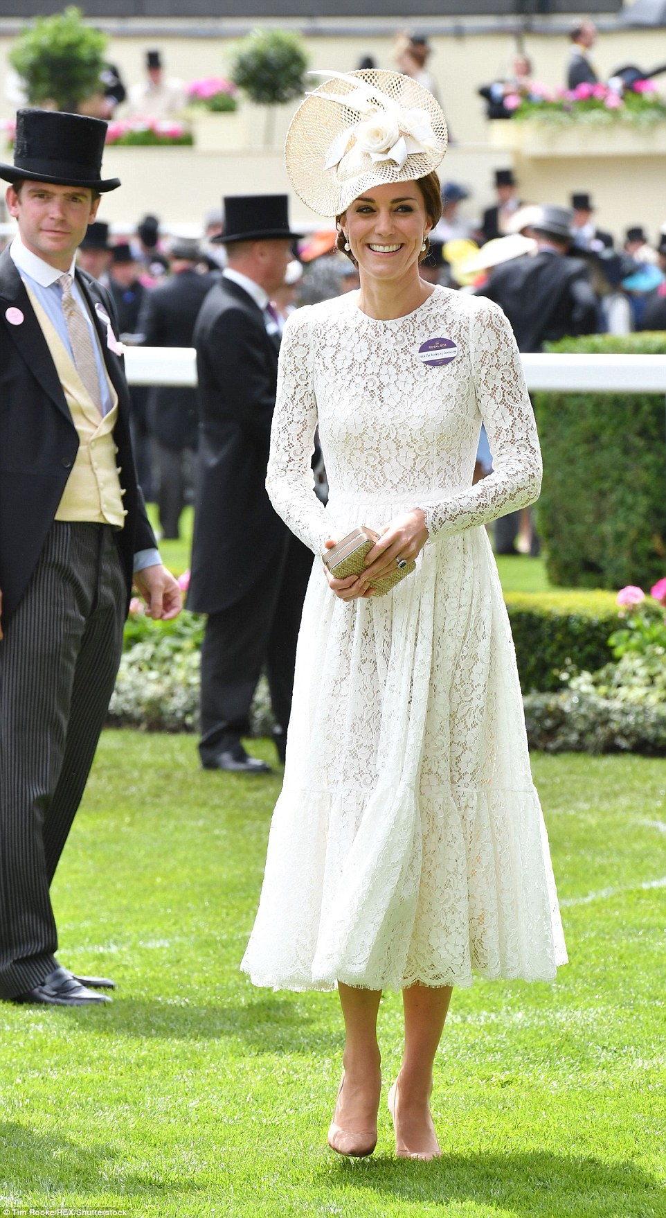 The Duchess of Cambridge chose a white lace dress by Dolce and Gabbana for her first visit to Royal Ascot
