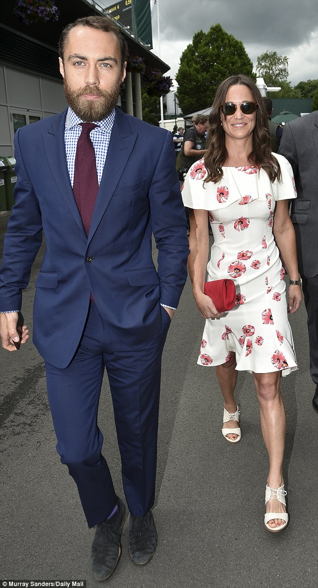 Pippa Middleton displayed her trim figure in a fitted floral dress as she arrived with her dapper brother James at Wimbledon on Monday