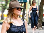 New York, NY - Jennifer Aniston keeps her hat pulled low as she is seen leaving a skincare doctor's office in New York City. The 47-year-old actress is wearing a black satin dress paired with pastel rose sneakers and a fedora. \nAKM-GSI          June 27, 2016\nTo License These Photos, Please Contact:\nMaria Buda\n(917) 242-1505\nmbuda@akmgsi.com\nsales@akmgsi.com\nor \nMark Satter\n(317) 691-9592\nmsatter@akmgsi.com\nsales@akmgsi.com\nwww.akmgsi.com