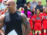 *EXCLUSIVE* Atlanta, GA - Dwayne Johnson, aka, The Rock, is a soccer coach for a day on the set of his next film, Fast 8. In the last three Fast & Furious films, Dwayne Johnson has played DSS Federal Agent Luke Hobbes, who has established a nice record of being allied with Vin Diesel's Dom and his crew... after they first squared off as adversaries. When we last saw Luke in Furious 7, he healed a broken arm through the magic of flexing, used a hand-held Gatling gun to take down a helicopter, and made sure that Jason Statham's Deckard Shaw never sees the light of day again. There weren't really any indications as to where we could see the character go next, but his role as the member of a government agency has proven to be useful to screenwriter Chris Morgan ever since Fast Five. \nAKM-GSI          July 7, 2016\nTo License These Photos, Please Contact :\nMaria Buda\n(917) 242-1505\nmbuda@akmgsi.com\nsales@akmgsi.com\nor \nMark Satter\n(317) 691-9592\nmsatter@akmgsi.com\nsales@akmgsi.co