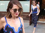 July 12, 2016: Actress Kristen Wiig is seen leaving her New York City hotel this morning wearing a blue strawberry print dress.\nMandatory Credit: Peter Cepeda/INFphoto.com Ref: infusny-259
