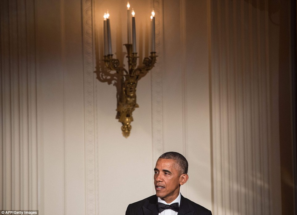 US President Barack Obama addresses the state dinner, which saw guests feast on Maryland blue crab salad and American Wagyu beef dressed with roasted yam