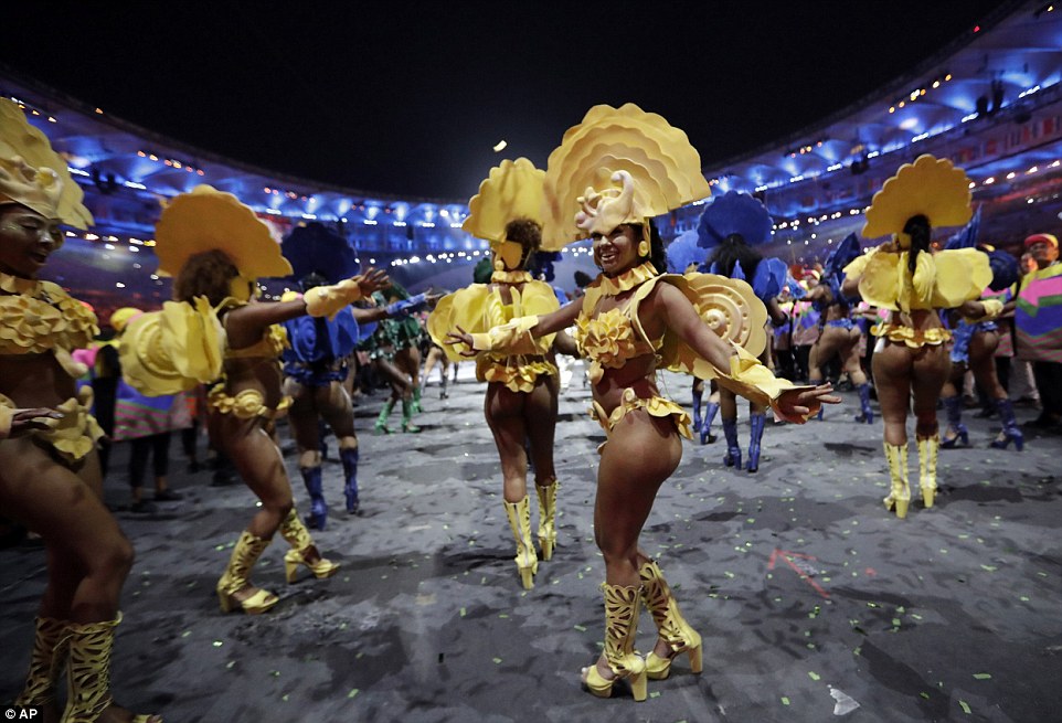 The skimpy outfits, which resemble those worn at Rio's Carnival, were worn by dancers in the final display of the night