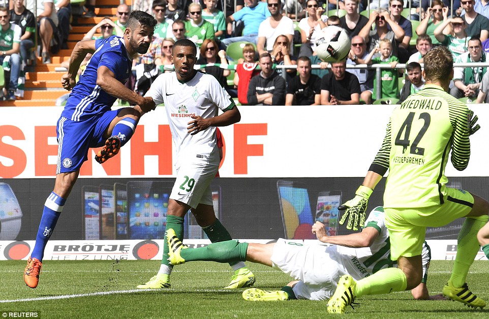 Costa was denied Chelsea's third by the on-rushing Werder Bremen defence, who blocked his attempt at goal