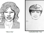 These undated sketches released by the Los Angeles Police Department show two men police are looking for in connection with the death of a 19-year-old Canadian woman found savagely stabbed to death in Los Angeles in 1969 near the site of the most notorious Manson family killings. The LAPD released sketches of the men Friday, Sept. 9, 2016, based on an interview with a witness in Montreal, Canada in July, 2016. The sketches show how the men, possibly named 'John,' or 'Jean' in French, would have looked in 1969, when 19-year-old Reet Jurvetson's body was found stabbed 150 times. (Los Angeles Police Department via AP)