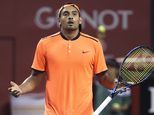 Australia's Nick Kyrgios reacts after getting a point against Gael Monfils of France during the semifinal match of Japan Open tennis championships in Tokyo, ...