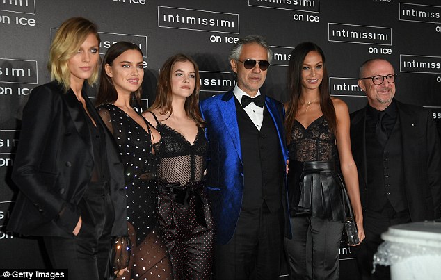 Man of the hour: The beauties also posed beside operatic legend Andrea Bocelli, who performed at the star-studded bash