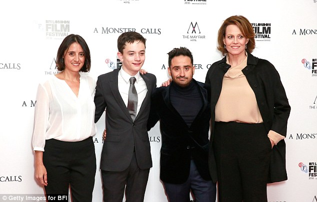 Line-up: Belen Atienza and J.A. Bayona posed alongside Lewis and Sigourney 