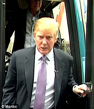 Donald Trump is seen stepping off a bus just moments after he made the 'horrific' comments that were recorded in 2005