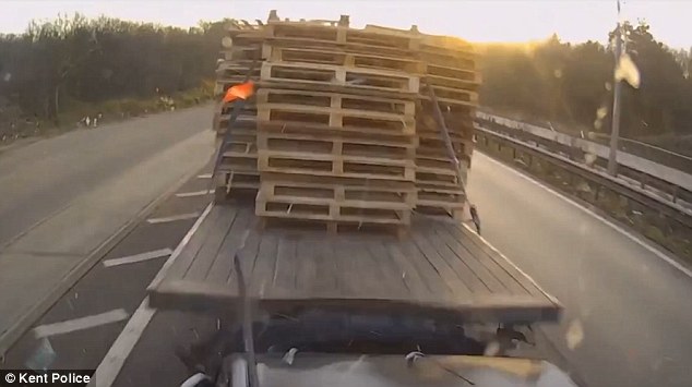 Stanulis' vehicle, fully laden with steel, collided with a black Ford Fiesta which in turn hit a Iveco flatbed lorry carrying wooden pallets (pictured), during the crash on the coast-bound carriageway of the A2 at Harbledown, near Canterbury, Kent at rush-hour on January 19
