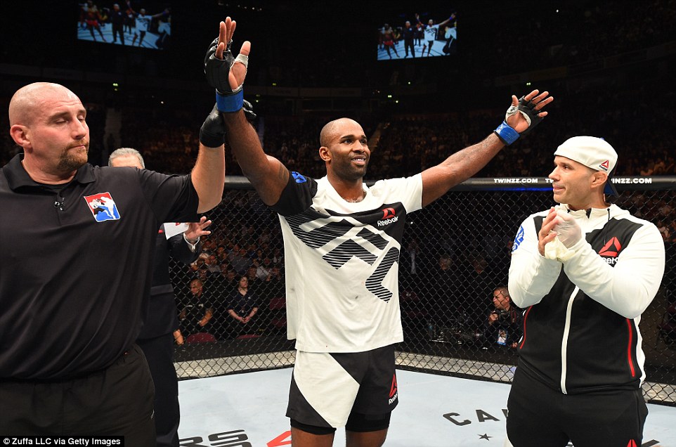 British fighter Jimi Manuwa celebrates his knockout victory over Ovince Saint Preux in their light heavyweight bout