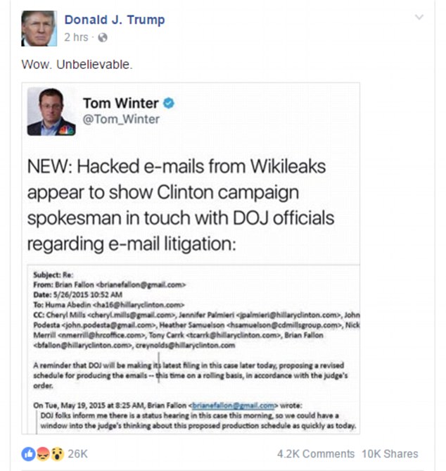 Outrage: How Trump reacted to the publication of the Wikileaks email from Brian Fallon