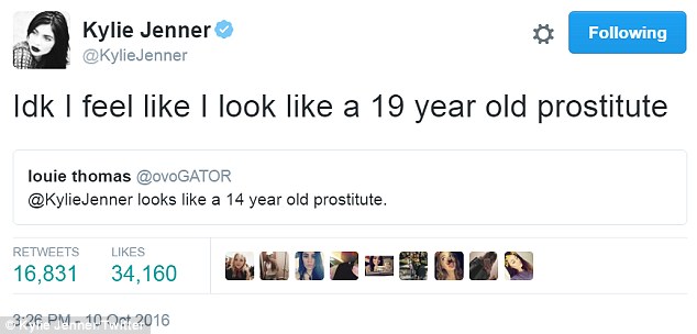 Hitting back: The 19-year-old had an unusual comeback to a Twitter user, who said she 'looks like a 14 year old prostitute' 