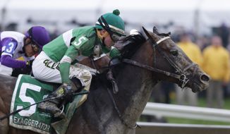Exaggerator (5) with Kent Desormeaux aboard moves past Nyquist with Mario Gutierrez during the 141st Preakness Stakes horse race at Pimlico Race Course, Saturday, May 21, 2016, in Baltimore. Exaggerator won the race. (AP Photo/Garry Jones)