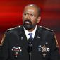 David Clarke, Sheriff of Milwaukee County, Wis., speaks during the opening day of the Republican National Convention in Cleveland, Monday, July 18, 2016. (AP Photo/J. Scott Applewhite) ** FILE **
