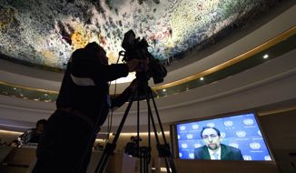 United Nations High Commissioner for Human Rights Zeid Ra&#39;ad Al Hussein addresses via video message during the Human Rights Council that holds its 25th special session on the human rights situation in Aleppo at the UN headquarters in Geneva, Switzerland, Friday, Oct. 21, 2016. (Martial Trezzini/Keystone via AP)