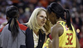 Maryland head coach Brenda Frese, center, speaks with guard Shatori Walker-Kimbrough (32) during a timeout in the first half of an NCAA college basketball game against Princeton in the second round of the NCAA tournament, Monday, March 23, 2015, in College Park, Md. Maryland won 85-70 (AP Photo/Patrick Semansky) **FILE**