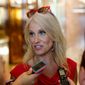 Kellyanne Conway, new campaign manager for Republican presidential candidate Donald Trump, speaks to reporters in the lobby of Trump Tower in New York, Wednesday, Aug. 17, 2016. (AP Photo/Gerald Herbert) ** FILE **
