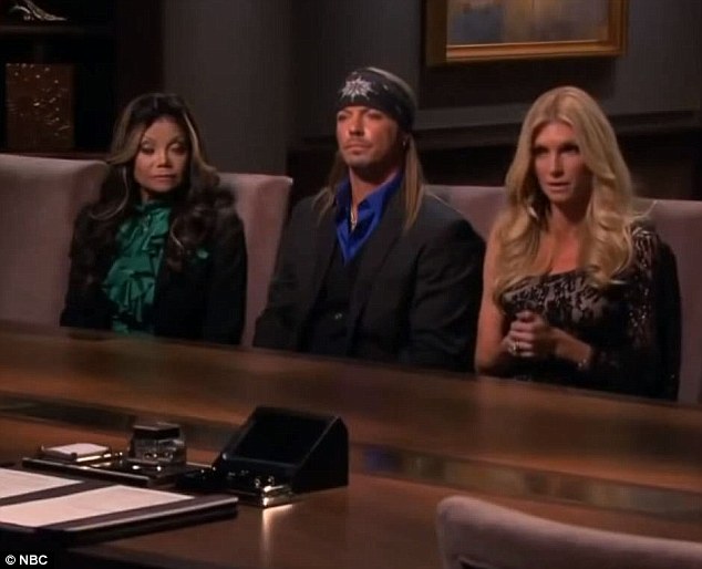 During one episode of Celebrity Apprentice, contestant Bret Michaels (center) described how Roderick (right) had gotten on her knees and begged not to get fired