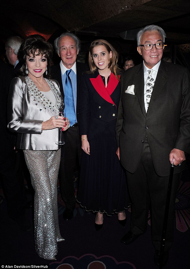 Princess Beatrice joined Joan Collins (left) and other stars such as British financier Mark Weinberg (second left) at the launch of David Tang's (right) etiquette guide