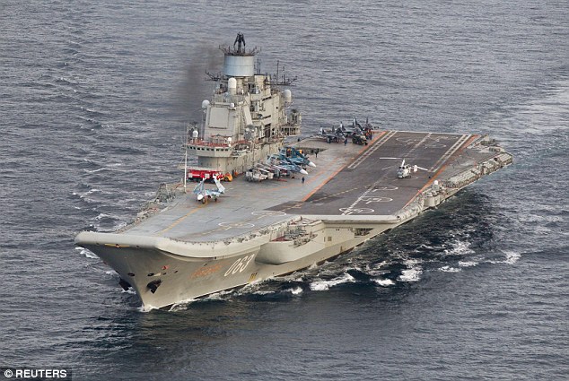 Russian aircraft carrier Admiral Kuznetsov pictured in international waters off the coast of northern Norway last month