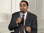 FILE - In this July 19, 2016, file photo, Education Secretary John B. King, Jr., speaks on a panel with first lady Michelle Obama to college-bound students participating in the Reach Higher initiative's third annual Beating the Odds event in the East Room of the White House in Washington. King is urging governors and school leaders in states where student paddling is allowed to end a practice he said would be considered ¿criminal assault or battery¿ against an adult. King released a letter Nov. 22, 2016, asking leaders to replace corporal punishment with less punitive, more supportive disciplinary practices that he said work better against bad behavior. (AP Photo/Jacquelyn Martin, File)