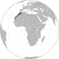 The fully green area shows the internationally recognized territory of Morocco. The striped area is the disputed territory of سەحرای ڕۆژاوا; Morocco administers most of this territory as its de facto Southern Provinces.