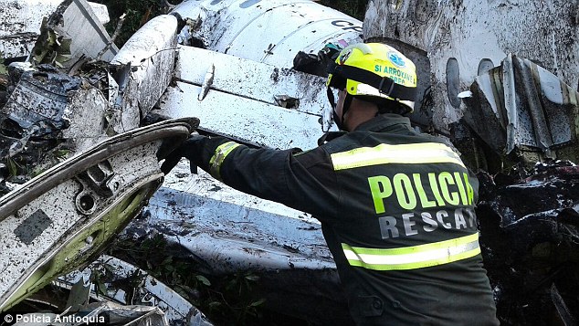 A police searcher looks through the wreckage of the plane as rescuers started to remove bodies from the site this morning